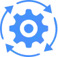 Blue gear icon surrounded by four circular arrows, symbolizing process, automation, or workflow.