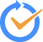 A blue circular arrow surrounds an orange check mark, forming a logo on a light gray background.