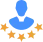 Blue silhouette of a person with five orange stars arranged in a semi-circle below, suggesting a rating or review concept.
